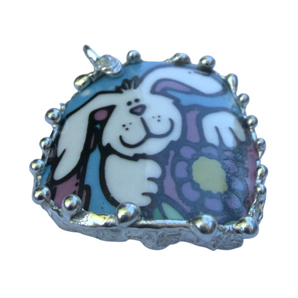 Handmade Easter Bunny Pendant With Silver-Blend Frame Made From Vintage Royal No - Picture 7 of 15